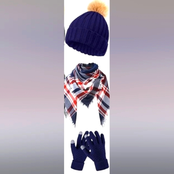 NEW Plaid Knit Blanket Scarf, Touchscreen Gloves & Pom Beanie Set - Picture 1 of 3